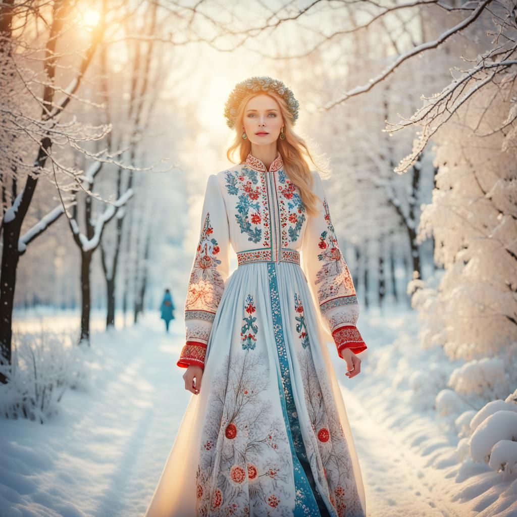 Slavic Model in Winter Wonderland, Klimt-Inspired