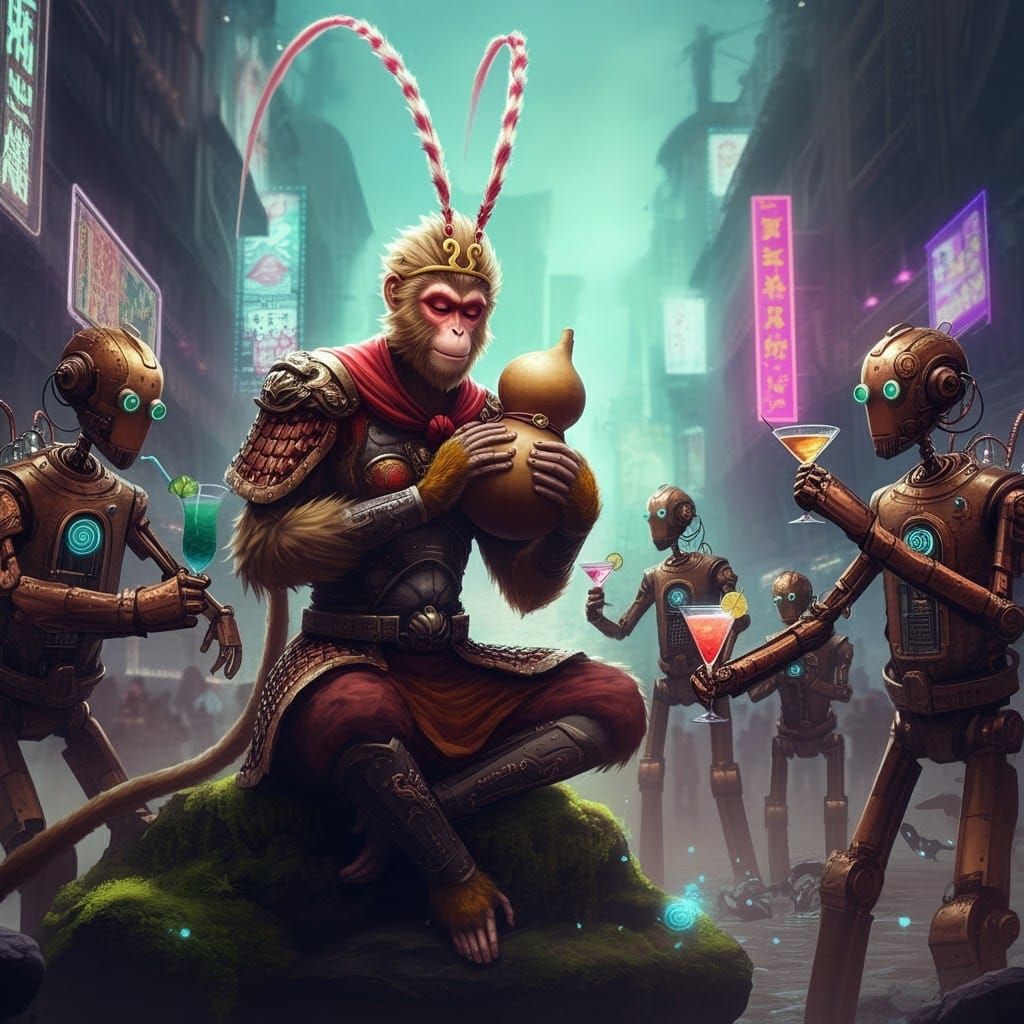 Sun Wukong and Steampunk Robots in Cyberpunk Cityscape