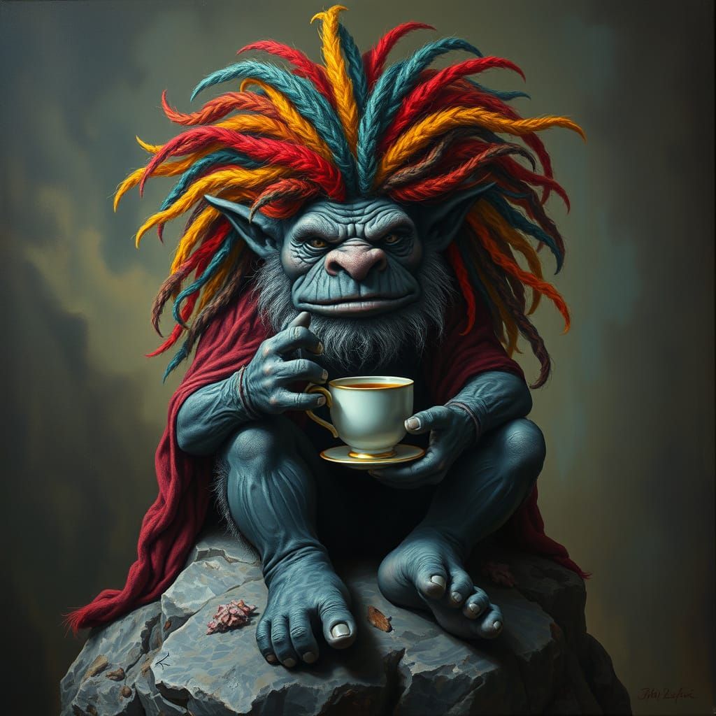 Troll in Elegant Tea Setting, Oil on Canvas, Renaissance Sty...