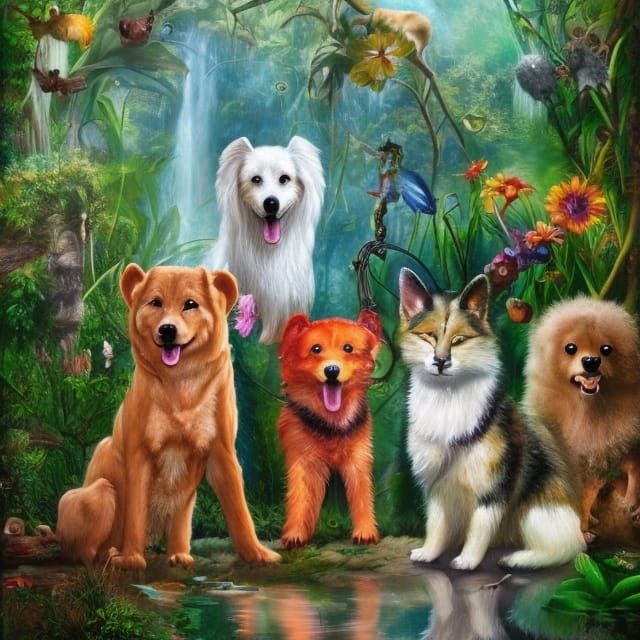 Dogs Play in Lush Jungle: Hyper-Realistic Painting