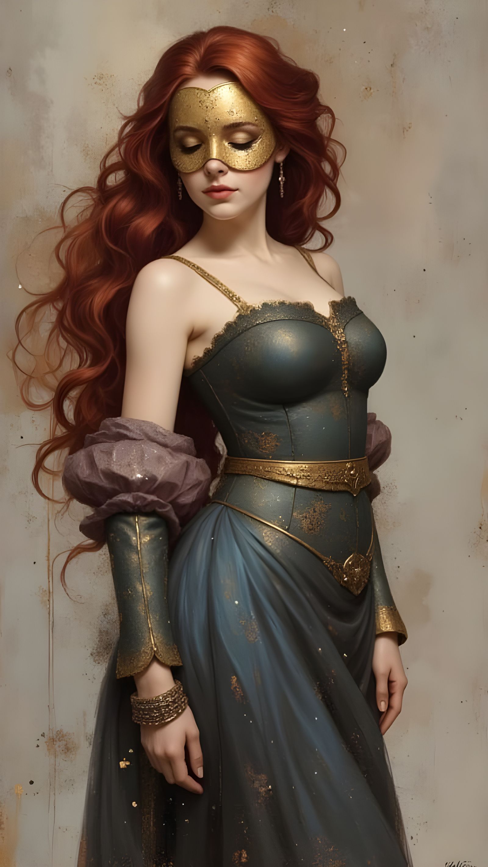 15th Century Lady in Opulent Blue and Green Gown, Wearing a ...