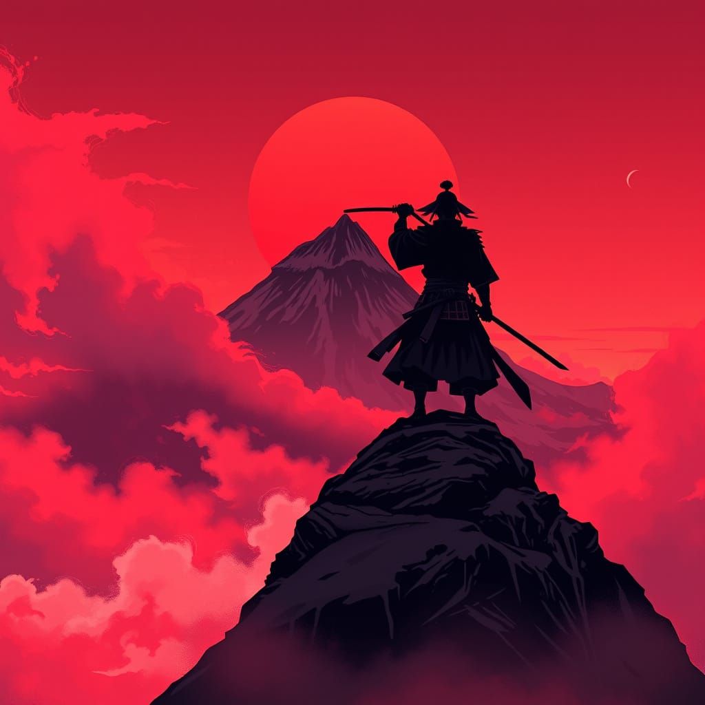 Epic Samurai at Sunset: A Hero Stands Alone in Anime Style