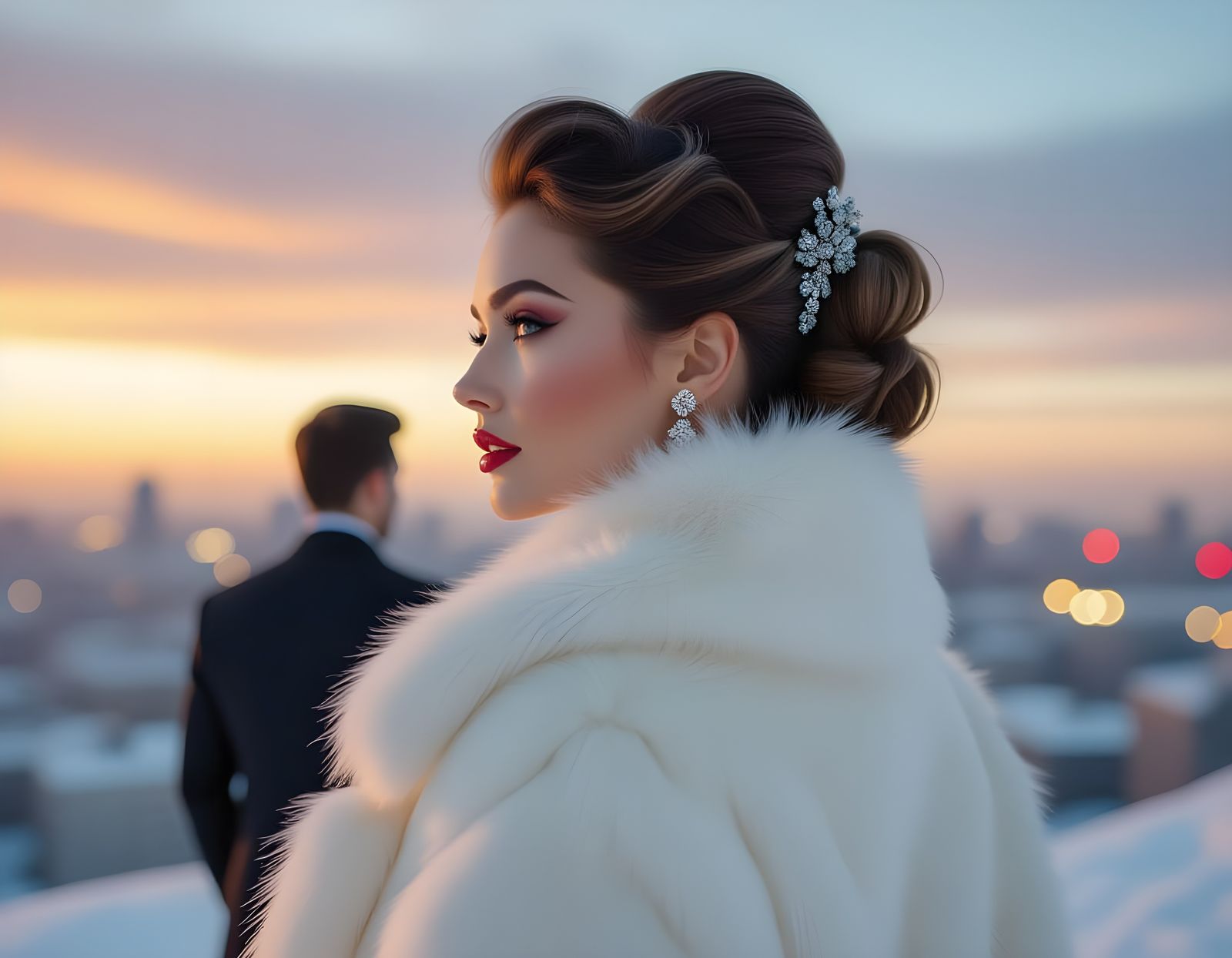 Woman in Fur Coat in Snowy Cityscape