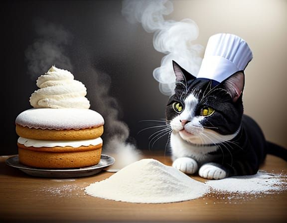 Whimsical Cat Chef Creates Floury Chaos in Digital Art