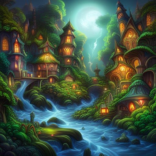Enchanted Fairy Village Hidden in Forest, Digital Painting