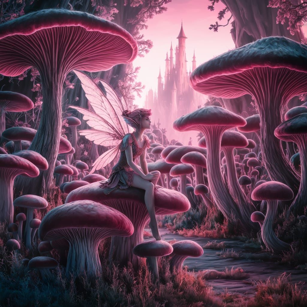 Fantasy Fairy on Mushroom in Enchanted Forest