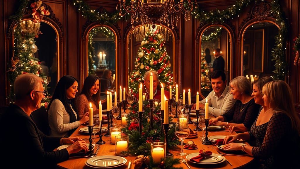 A Happy Family Dines with Candles on Christmas Eve in Luxuri...
