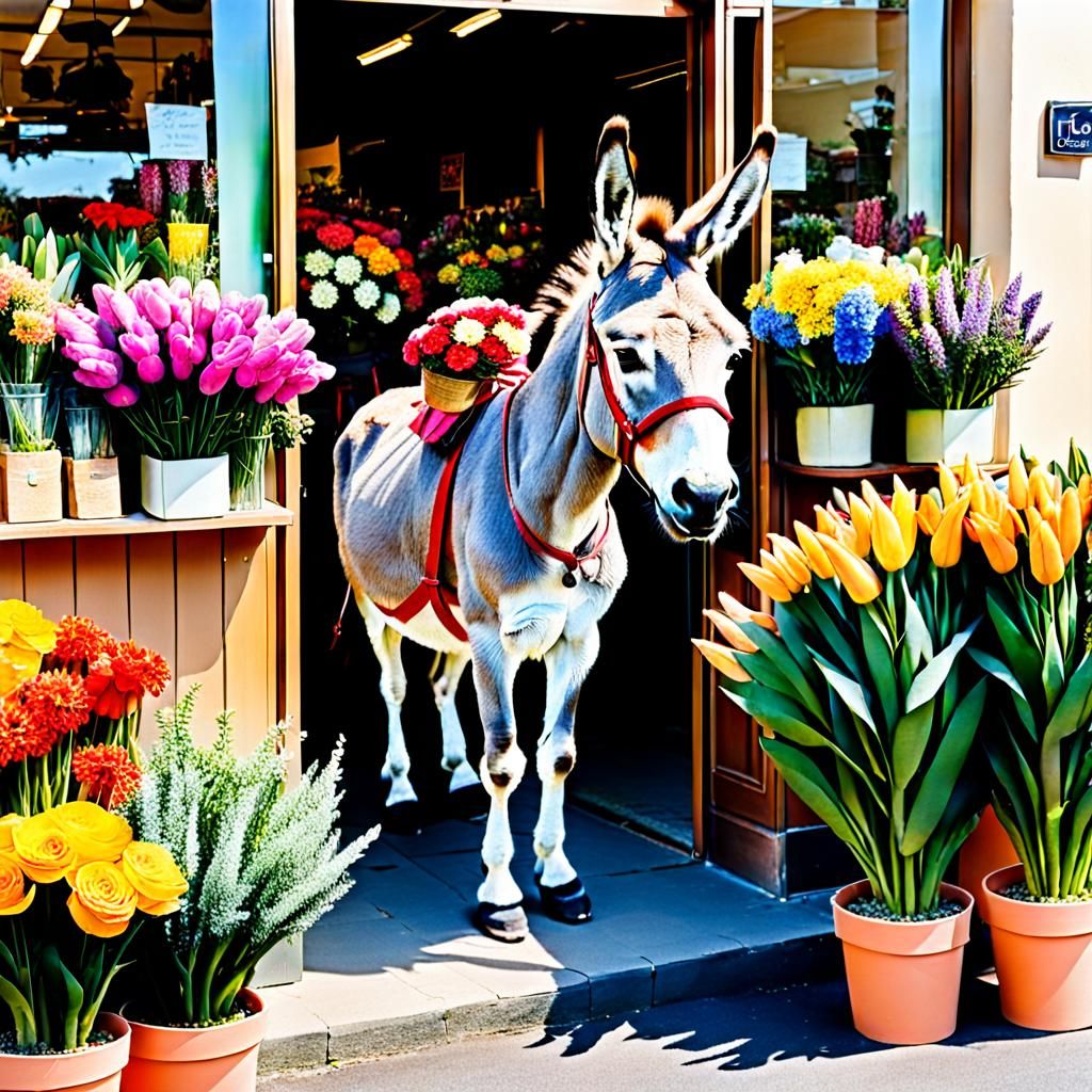 Donkey Visits a Florist Shop