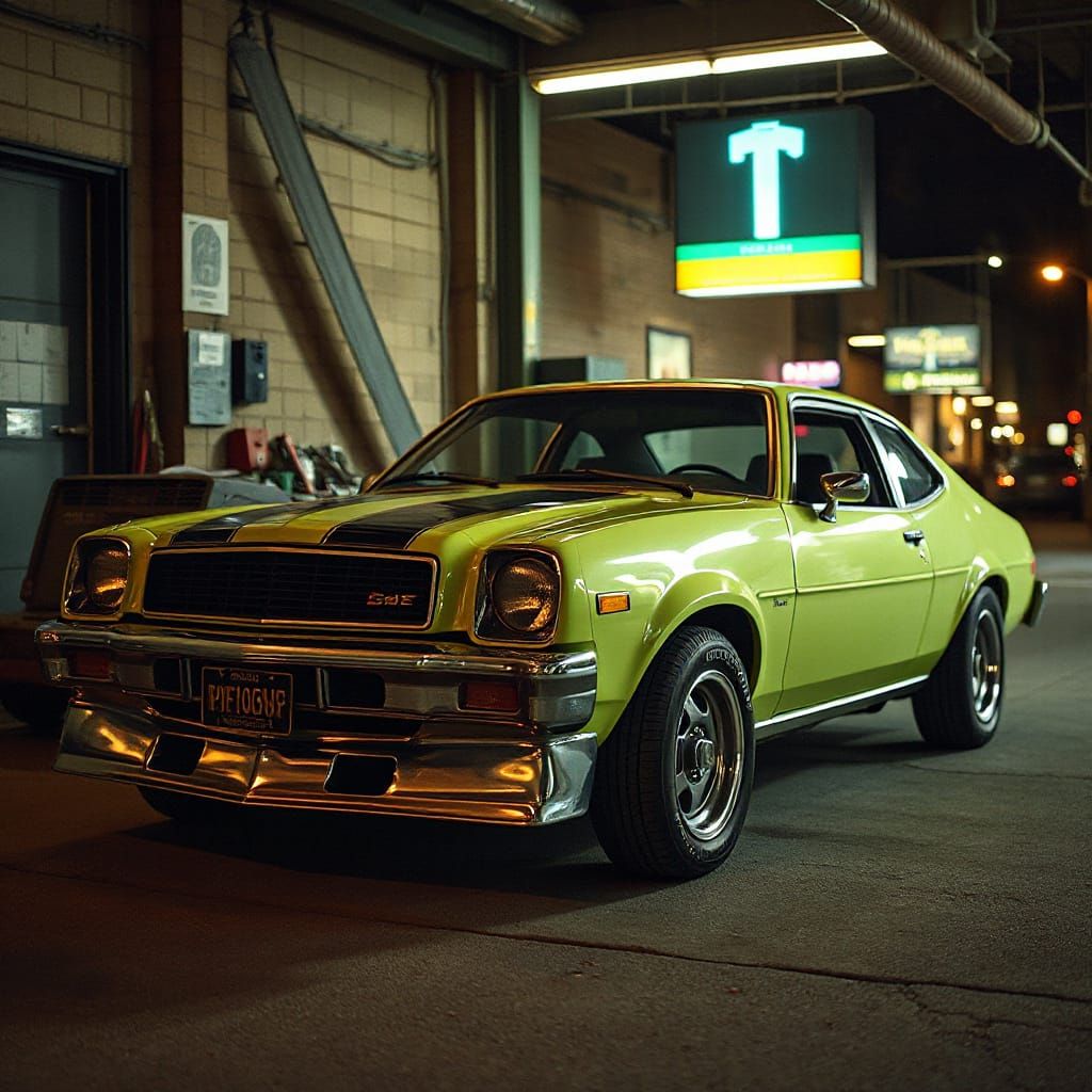 Lime Green 1973 Chevy Vega in Downtown Garage