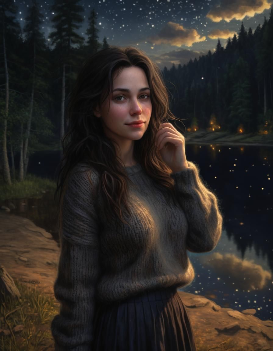 Woman Watching Night Sky in Renaissance Style