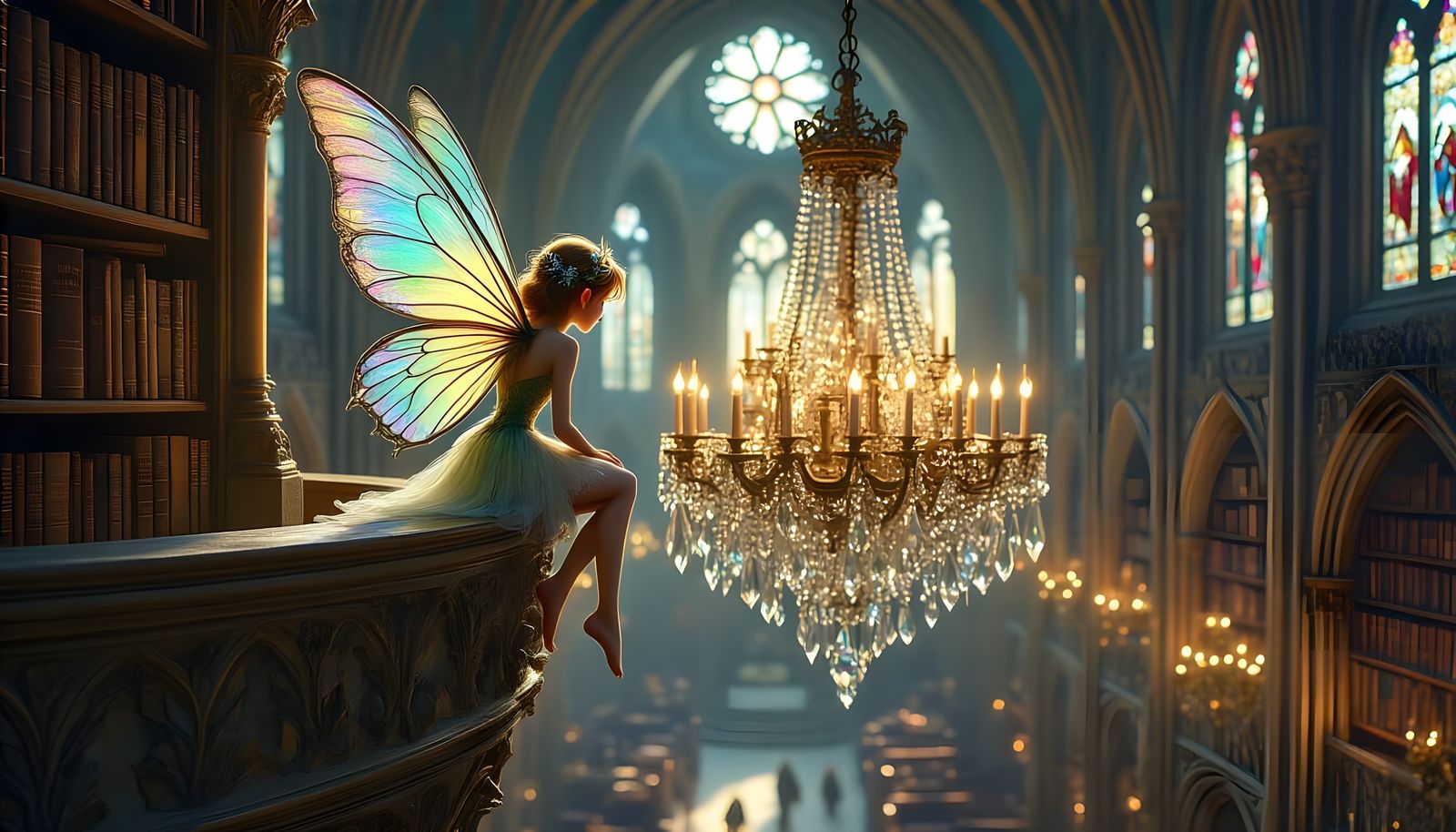 Miniature Fairy in Gothic Library, Art Nouveau Style