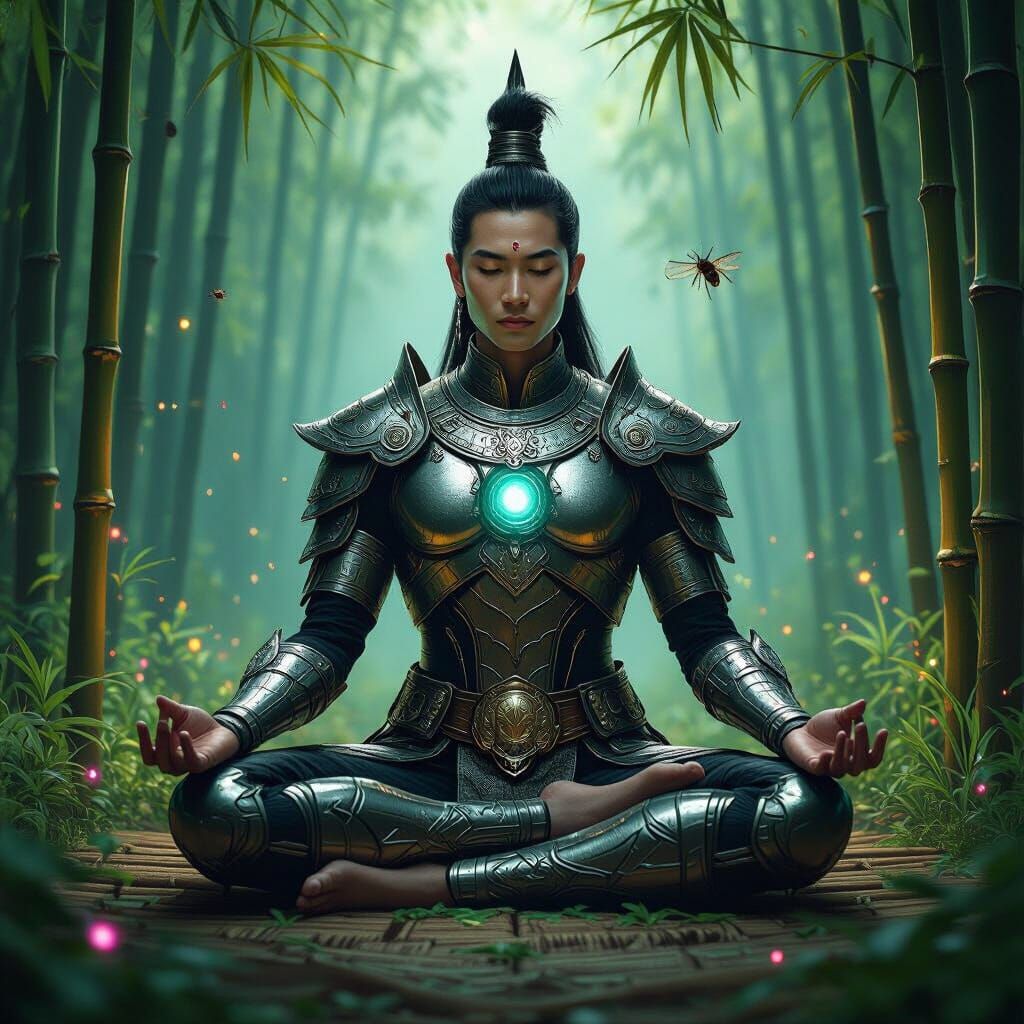 Futuristic Thai Warrior Meditating in Alien Bamboo Forest