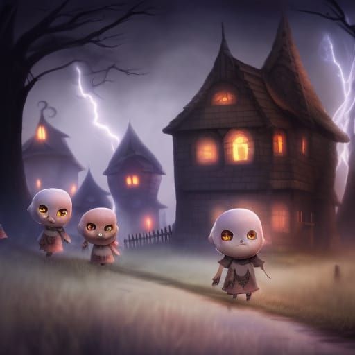 Chibi Ghostly Villagers Celebrate in Haunted Village