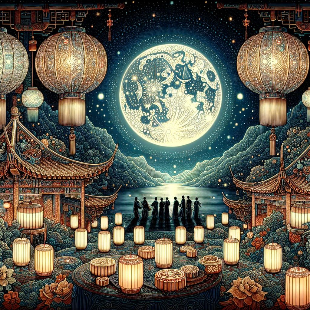 Chinese Mid-Autumn Festival Landscape with Full Moon