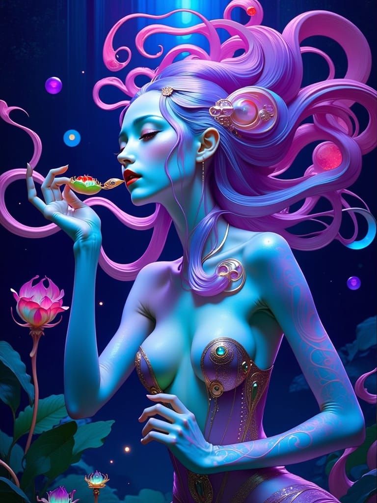 Ethereal Humanoid Savoring Venus Flytrap in Neon-Lit Aquatic...