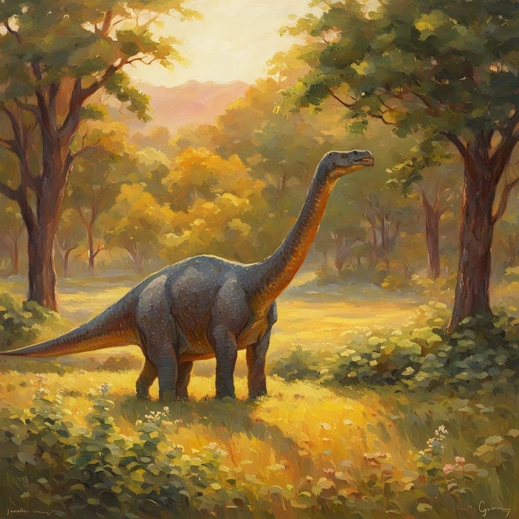 Brachiosaurus in Meadow: Impressionist Oil Painting