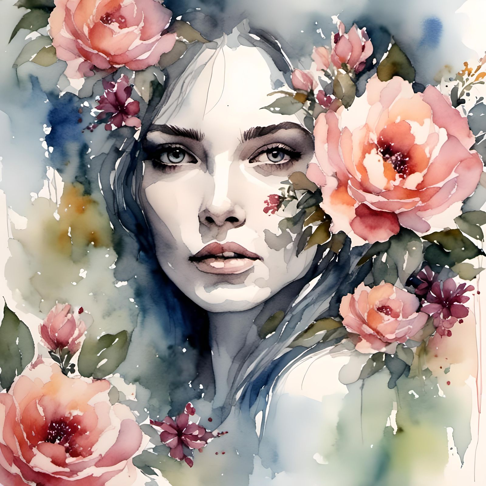 " a stunning woman's face portrait with-watercolour-