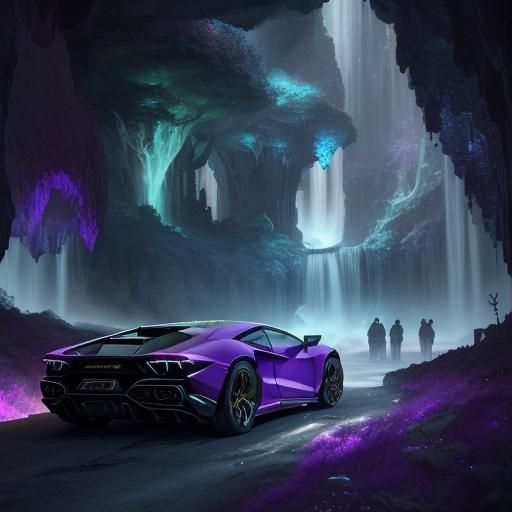 Purple Lamborghini in Crystalline Cave, Fantasy Art