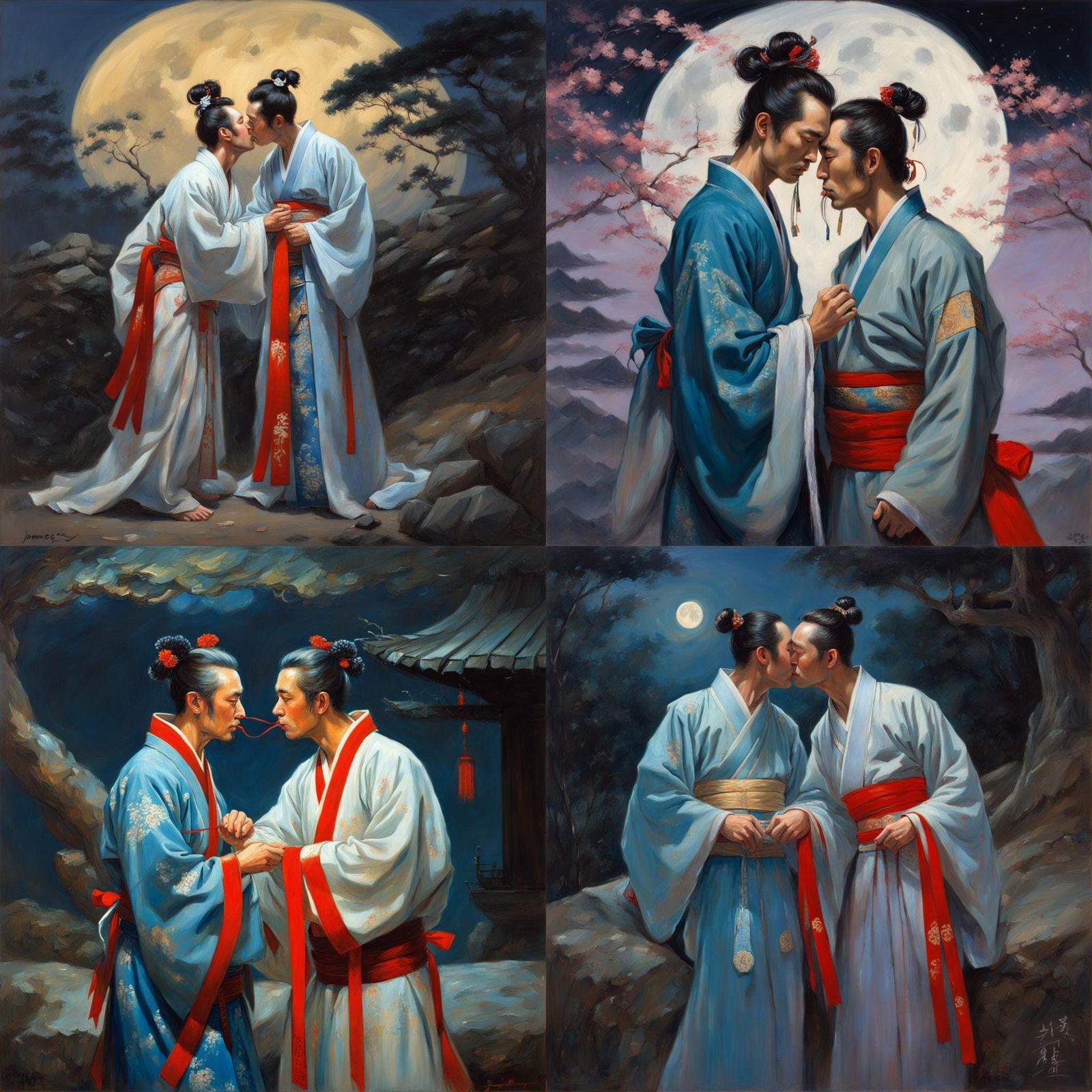 Hanfu Men Kissing in Moonlight, Oil Painting Style