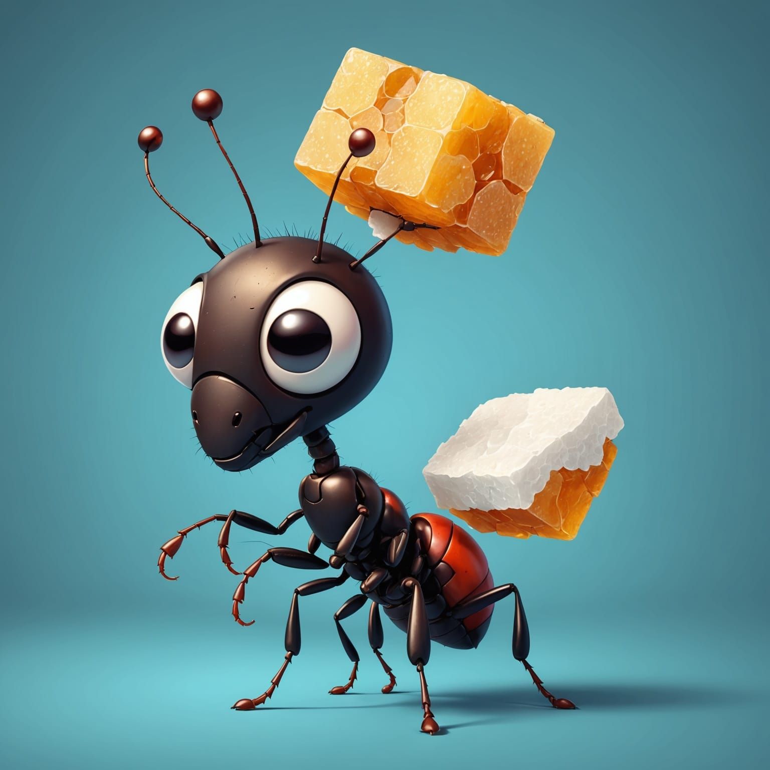 Whimsical Cartoon Ant Carries Sugar Cube with Precision
