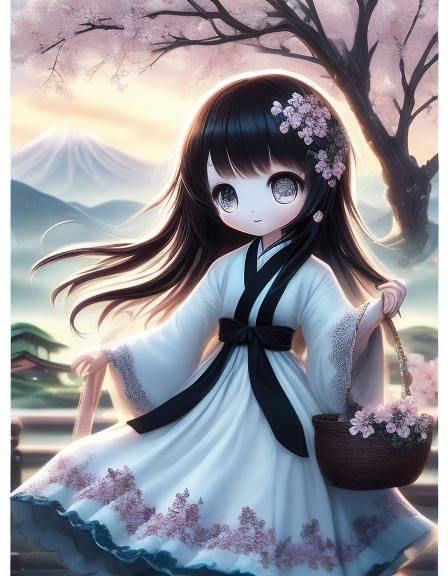 Japanese Girl in Kimono with Cherry Blossoms