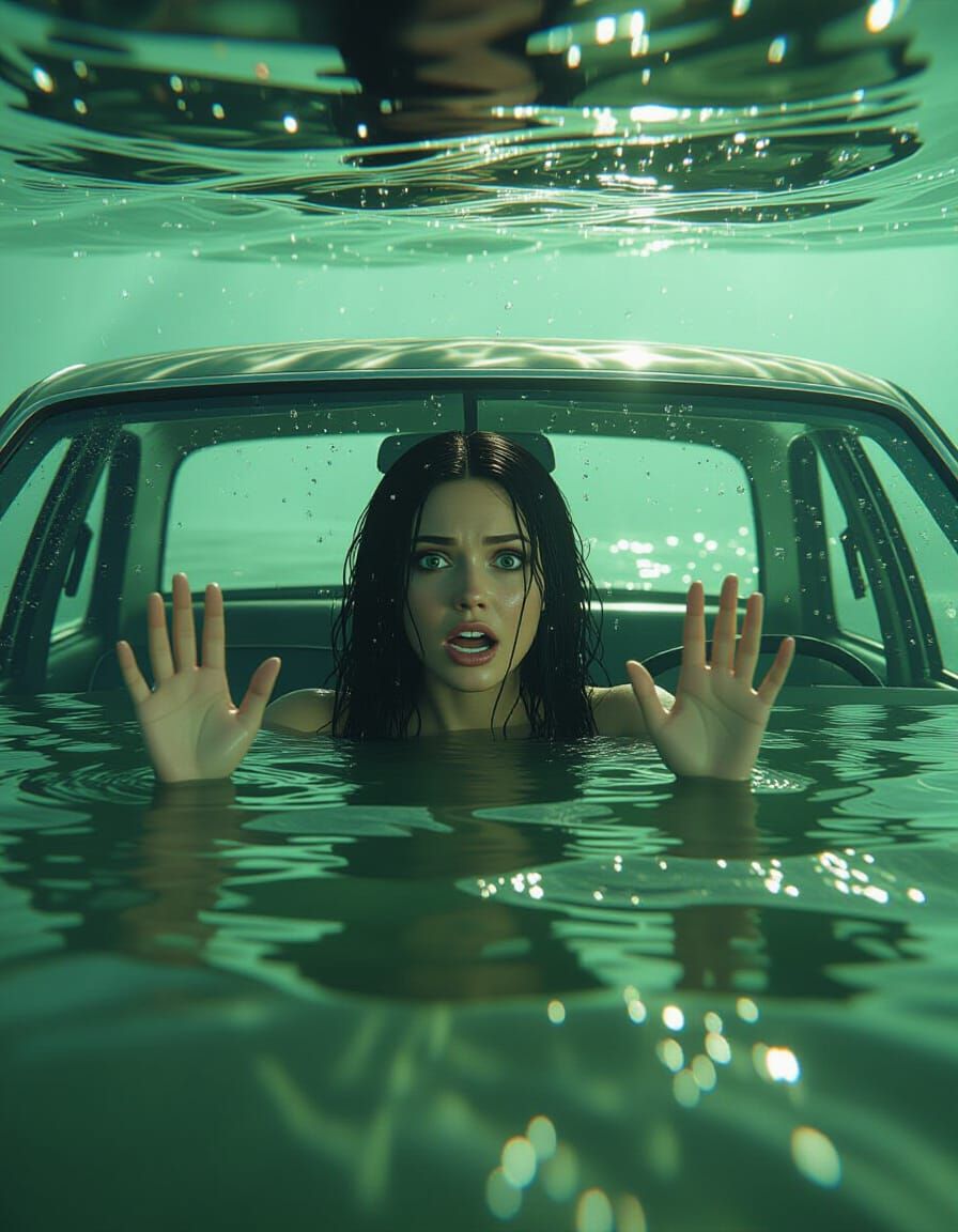 Woman Trapped in Submerged Car: Photorealistic 8K