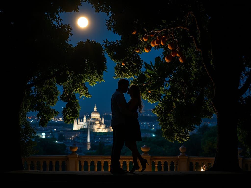 Romantic Rome Night Scene: Silhouettes Kissing Under Moonlit...