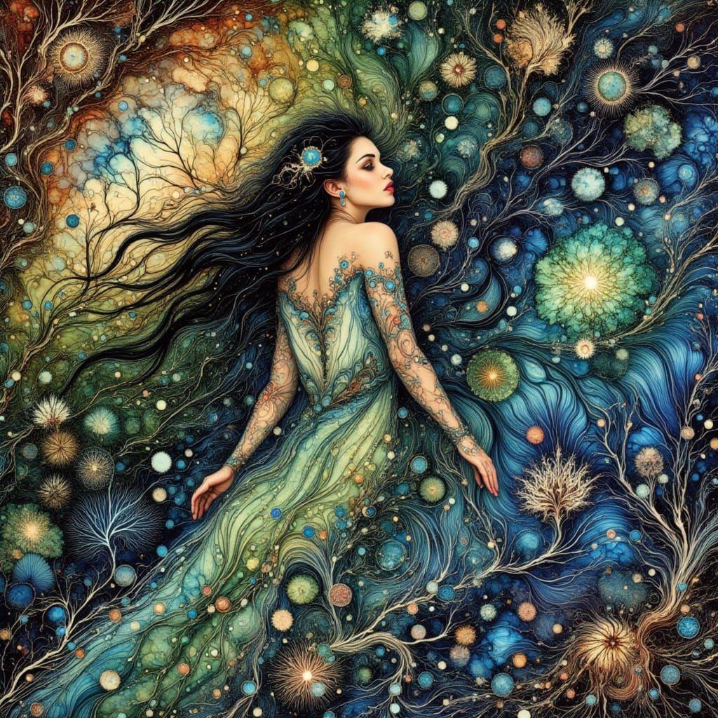 Pre-Raphaelite Sorceress in Celestial Forest