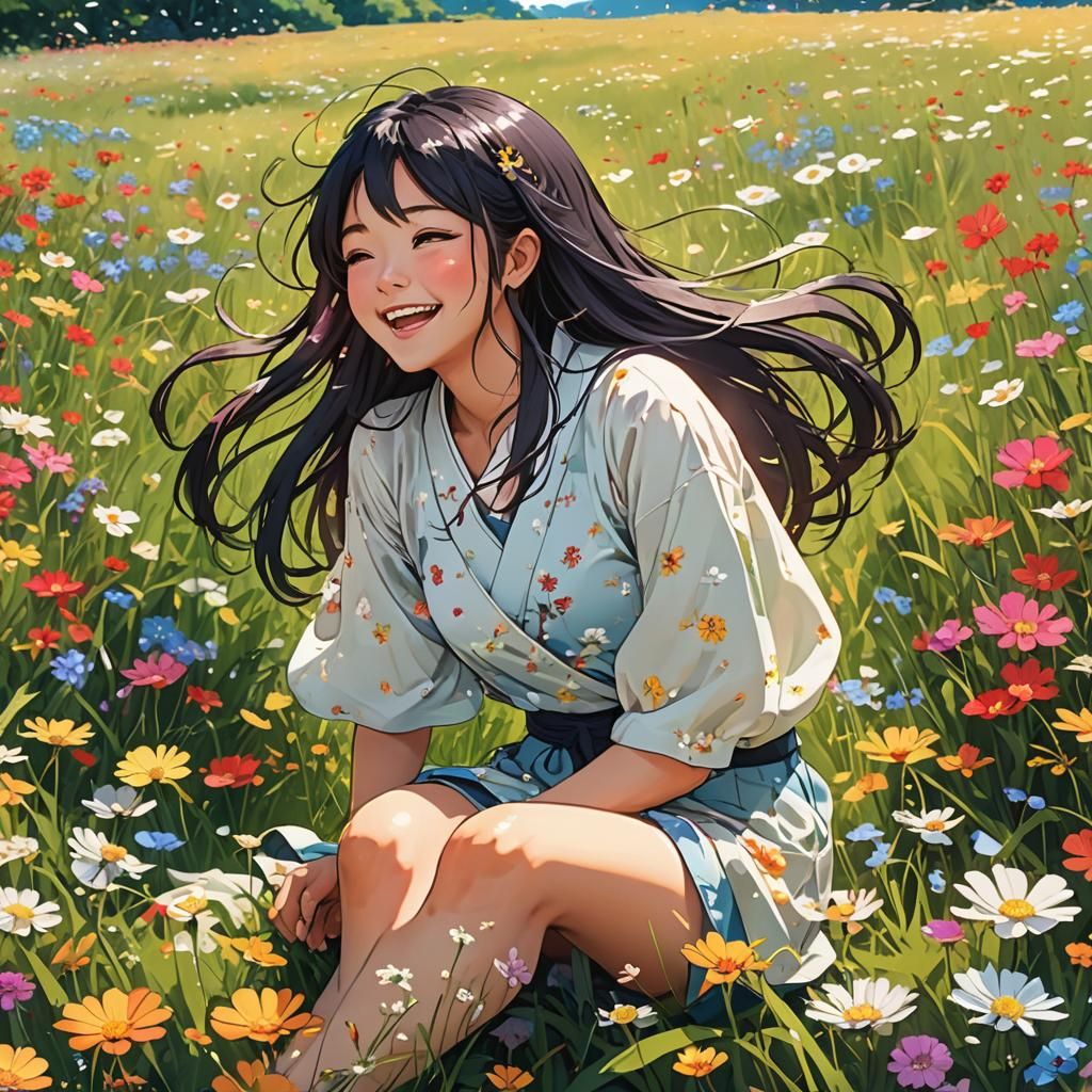 Joyful Anime Girl in Flower Meadow