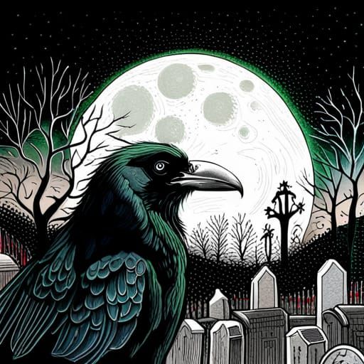 Ethereal Raven Over Cemetery in Impasto Style