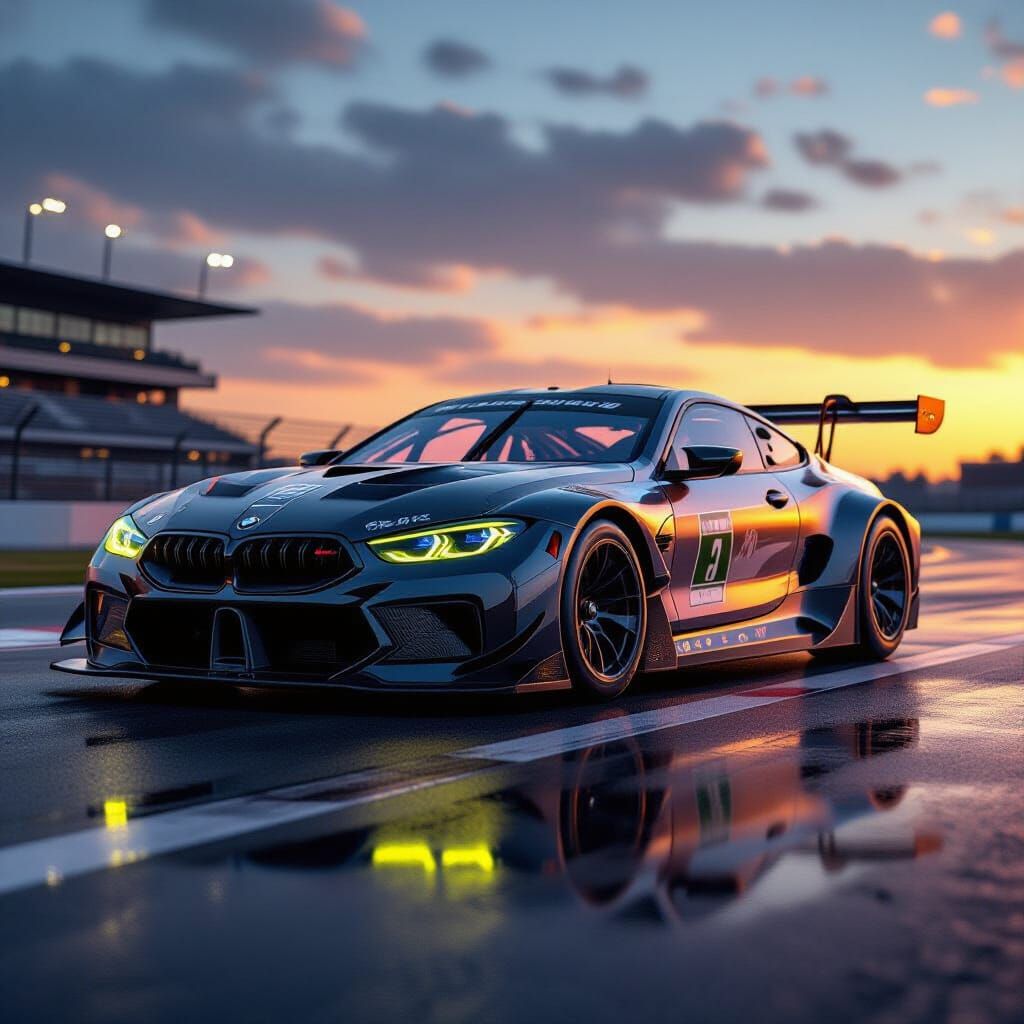 Aggressive Modified BMW M8 GTE Racing Car on Wet Track