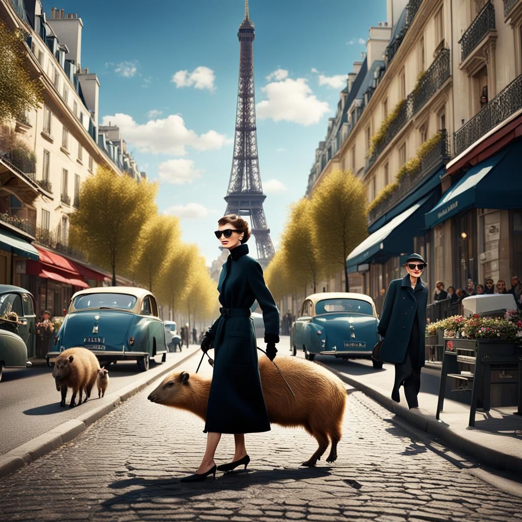 Audrey Hepburn Walks Her Capybara in Paris