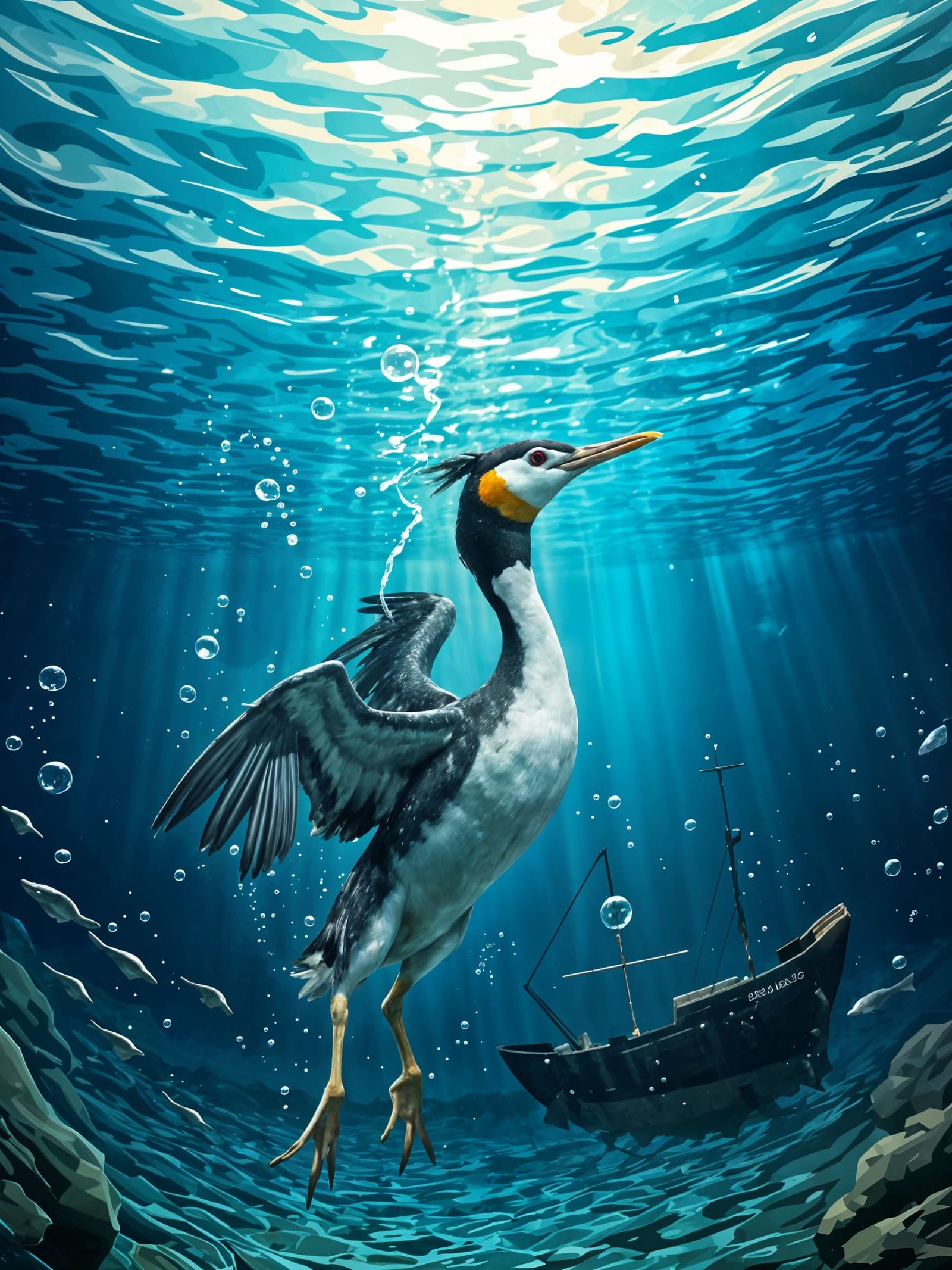 Grebe Diving Underwater Chasing Fish