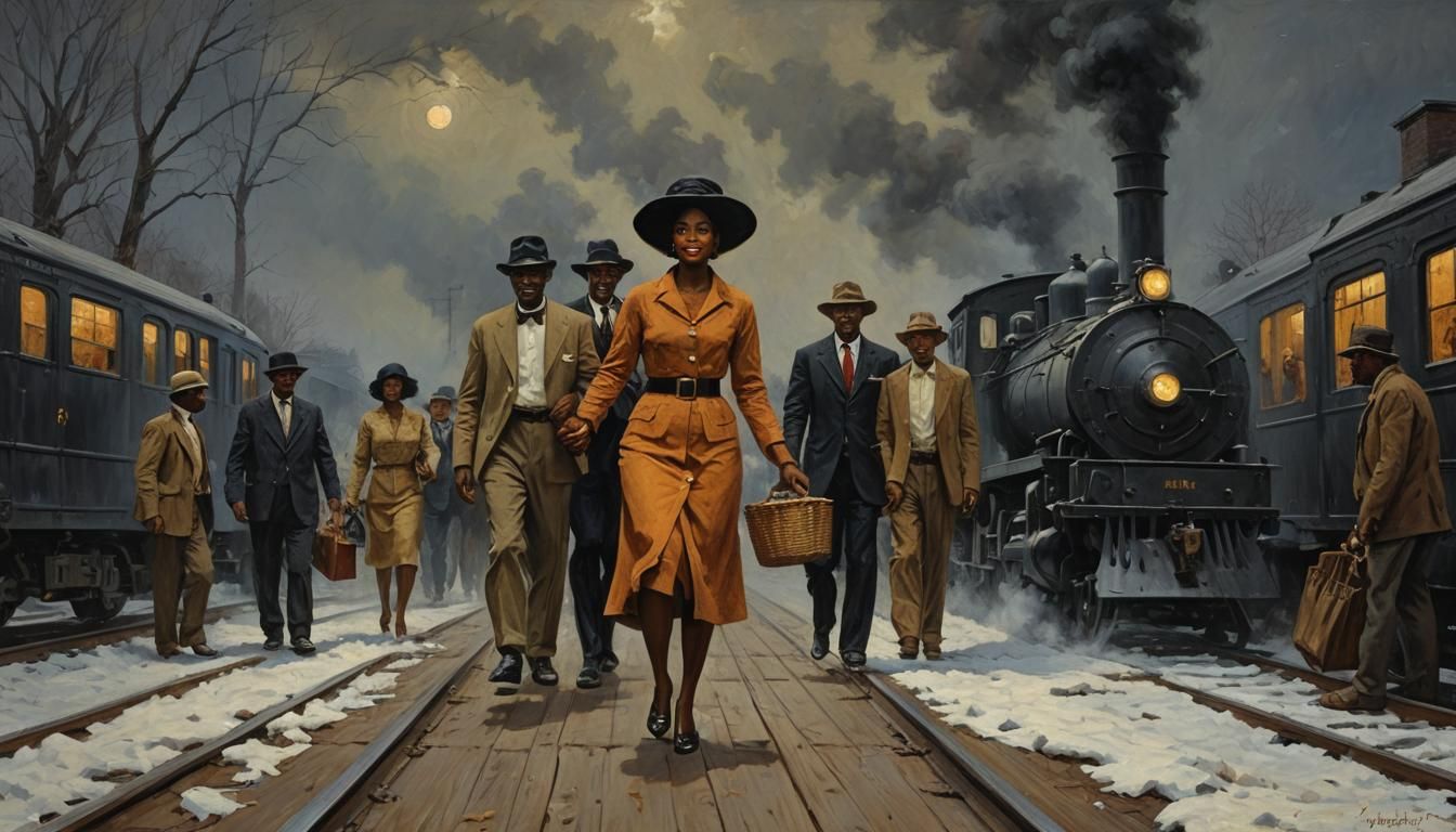 Black Woman's Midnight Train Departure: Impasto Oil Painting