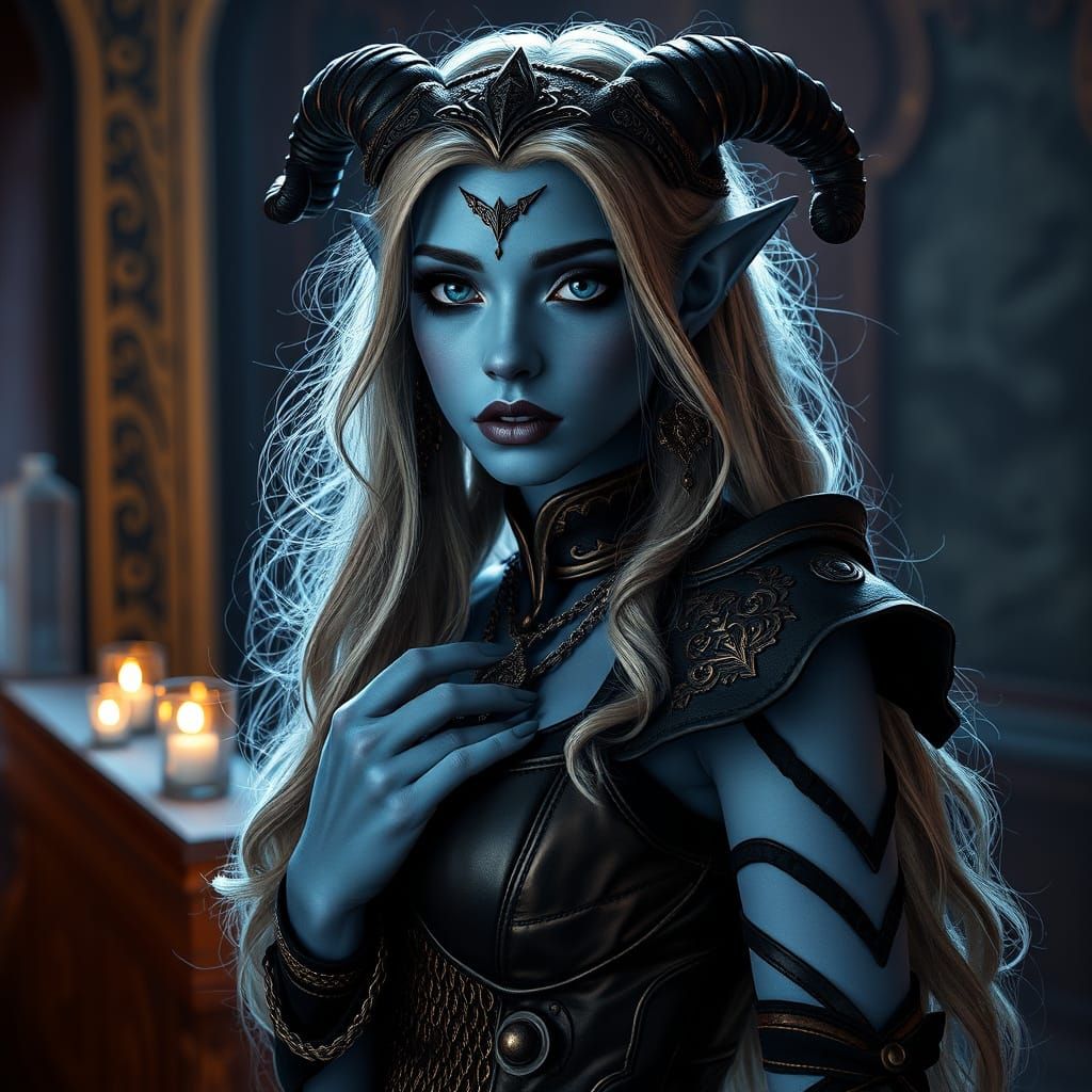 Blue-Skinned Draenei Woman in Goth Outfit