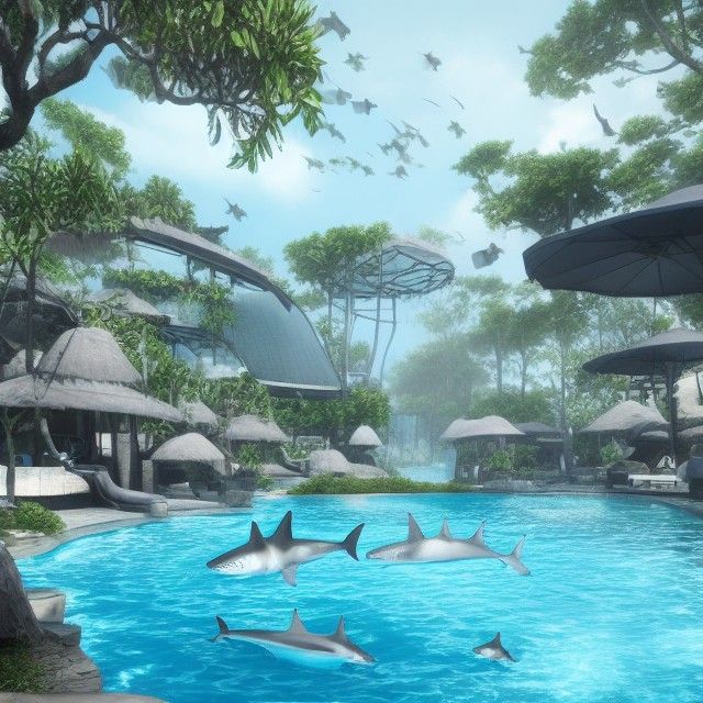 Swimming Pools with Sharks: Photorealistic Image