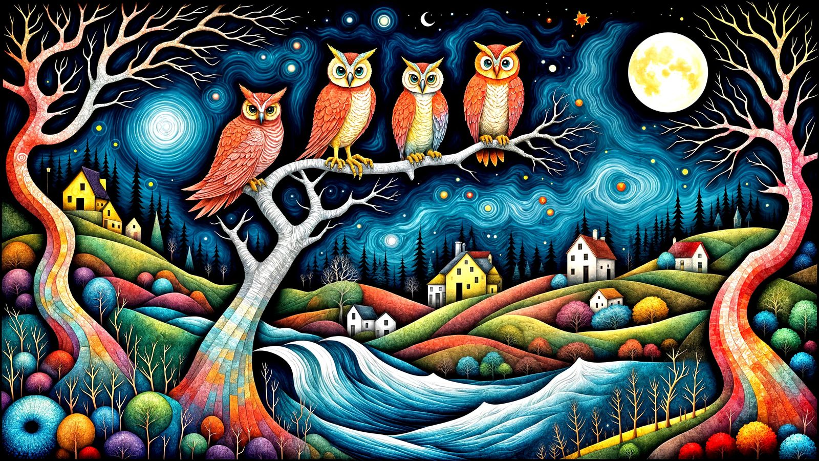 Tartan Owls in Dark Village: Surreal Zentangle Art
