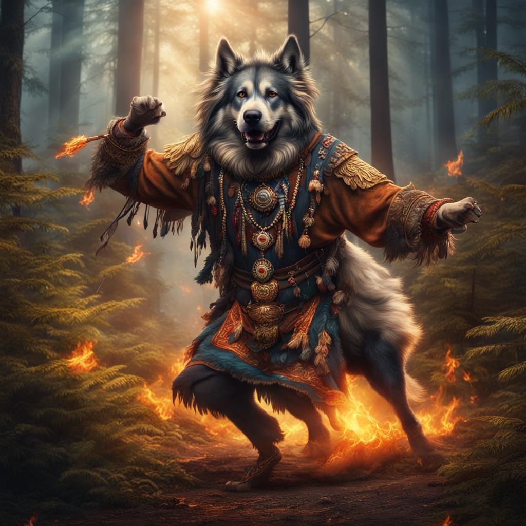 Dog Shaman Dancing at Bonfire in Forest