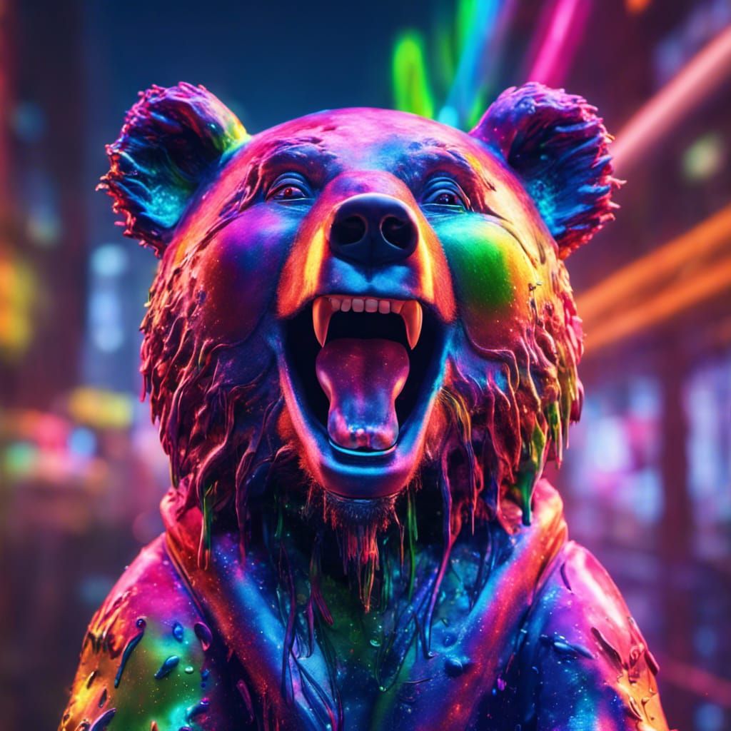 Neon Tie-Dyed Laughing Bear in Photorealistic Style