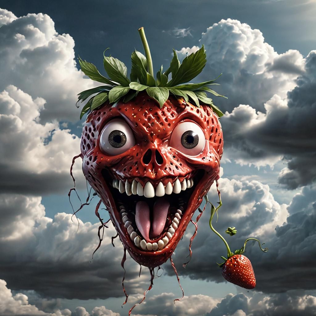 Insane Anthropomorphic Strawberry Floating in Cloudy Sky