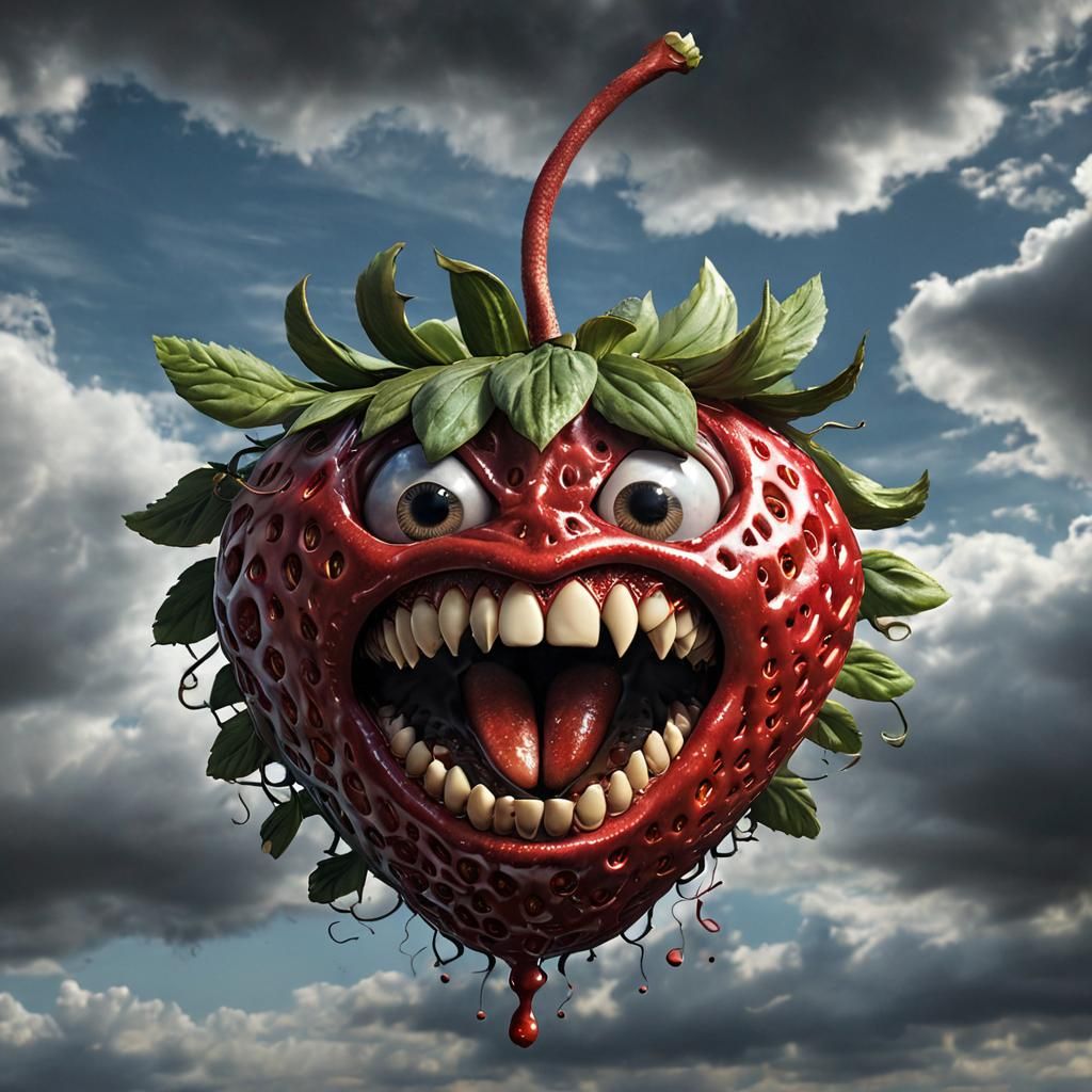 Insane Anthropomorphic Strawberry Floating in Cloudy Sky