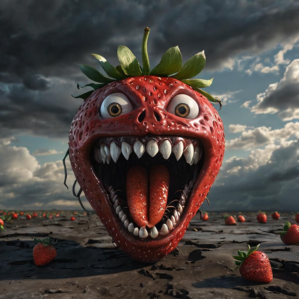 Insane Strawberry with Venom Teeth in Cloudy Sky