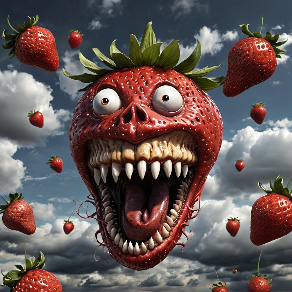Insane Anthropomorphic Strawberry Floating in Cloudy Sky