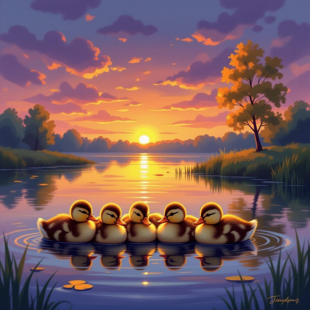 Ducks Asleep in Cozy Den by Tranquil Pond at Dusk