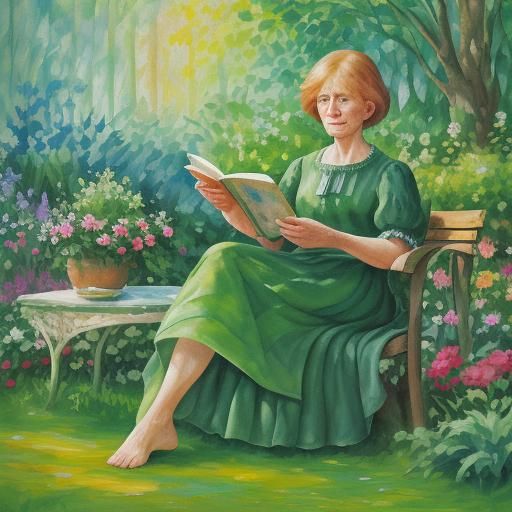 Woman Reading in Garden: Neo-Impressionist Oil Painting