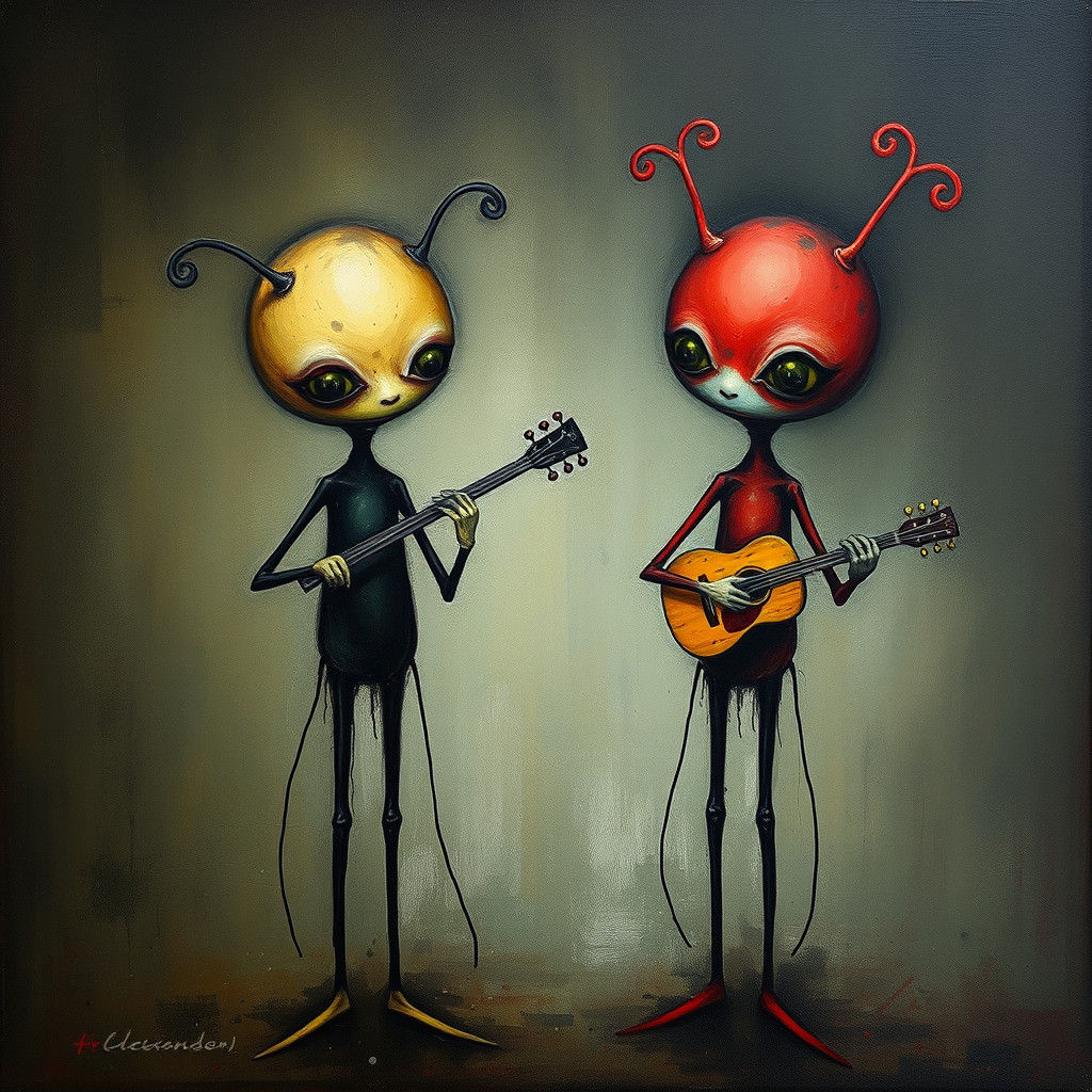 Whimsical Musicians: Matte Oil Painting of Uncanny Beings