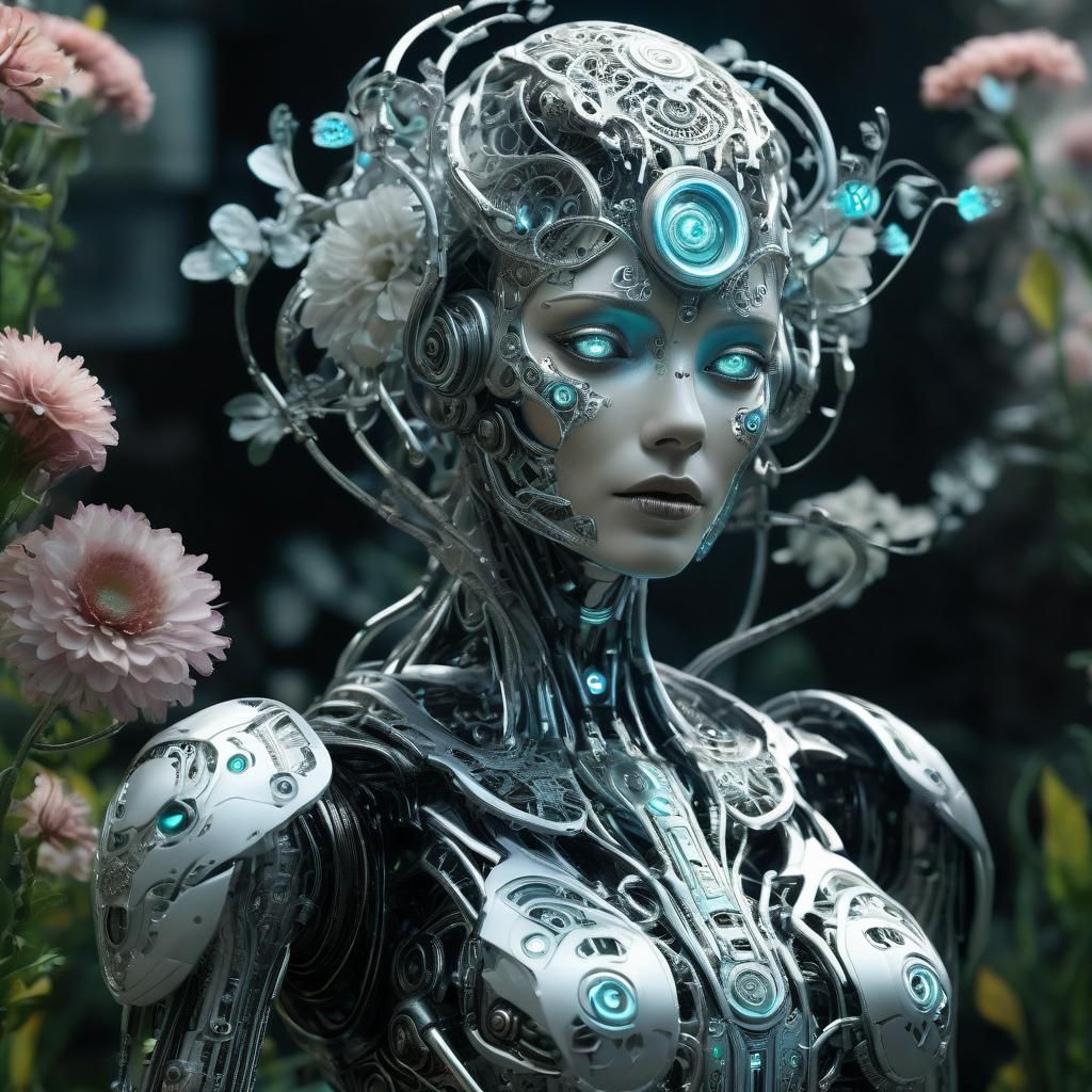 Silver Filigree Robotic Woman with Biomechanical Garden