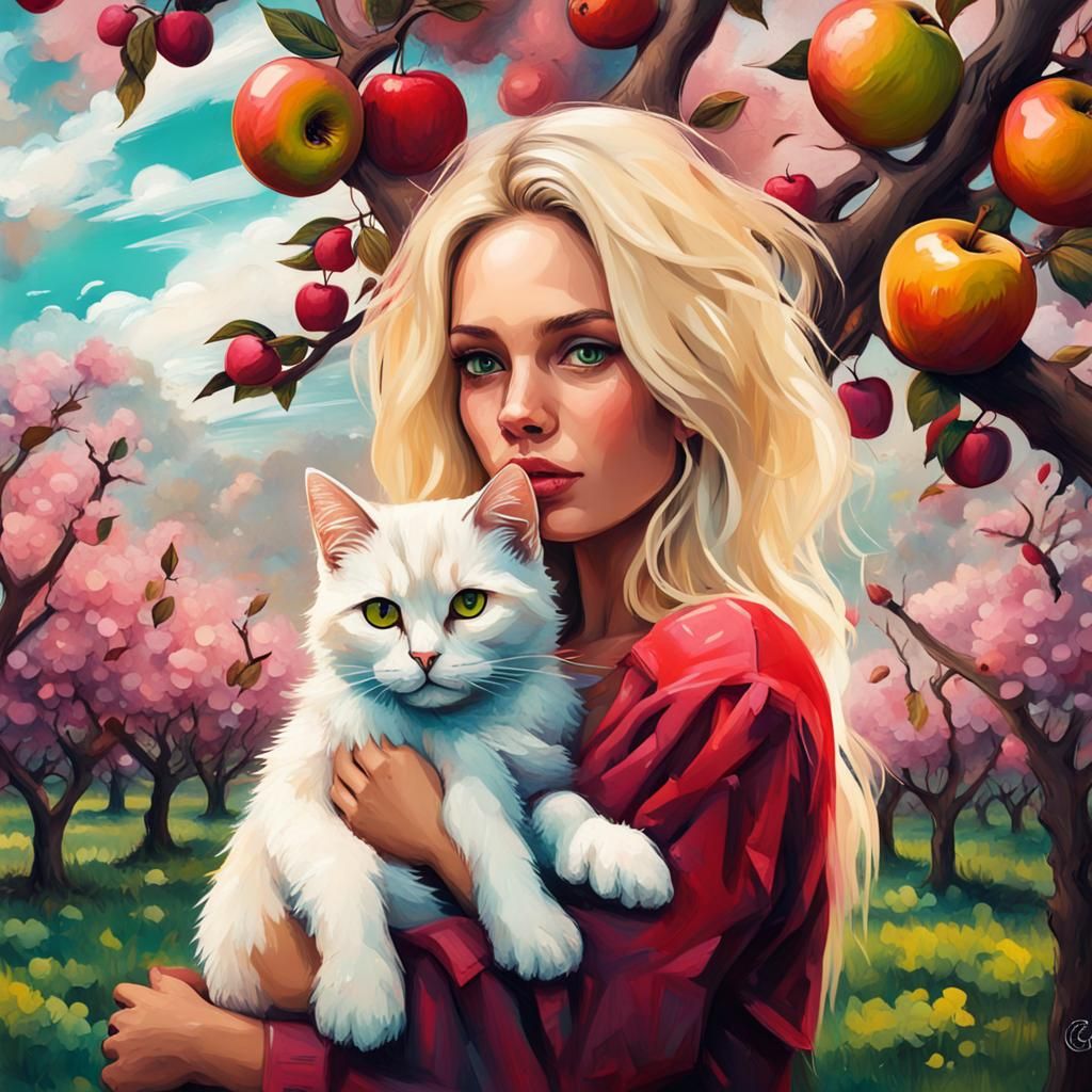 Woman with Cat in Orchard: Graffiti Art