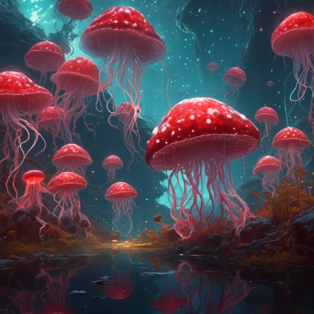 Bioluminescent Mushroom Jellyfish in Synthwave Style