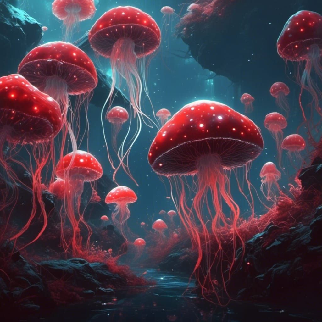 Bioluminescent Mushroom Jellyfish in Synthwave Style